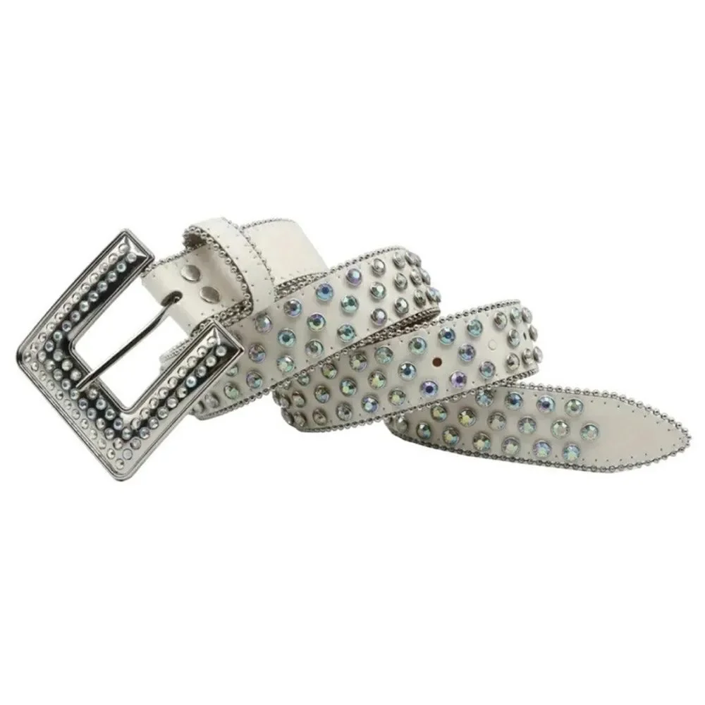 Men’s White Diamond Rhinestone Leather Square Buckle Belt Size 42 - Picture 4 of 6